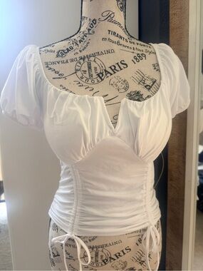Macy's White Ruched Puff Sleeve Scoop-Neck Top